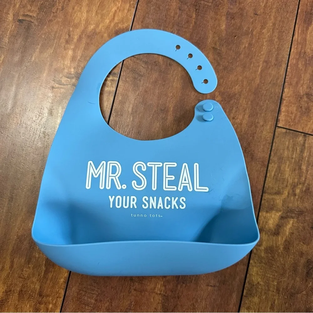Tunno Tots blue “Mr Steal Your Snacks” Silicon catch bib